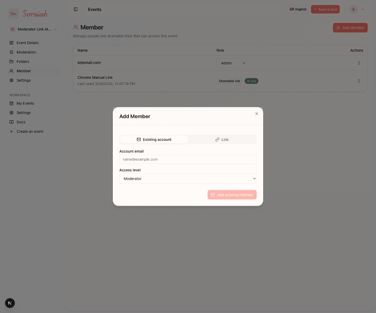 Dialog Add Member pada tab Existing account